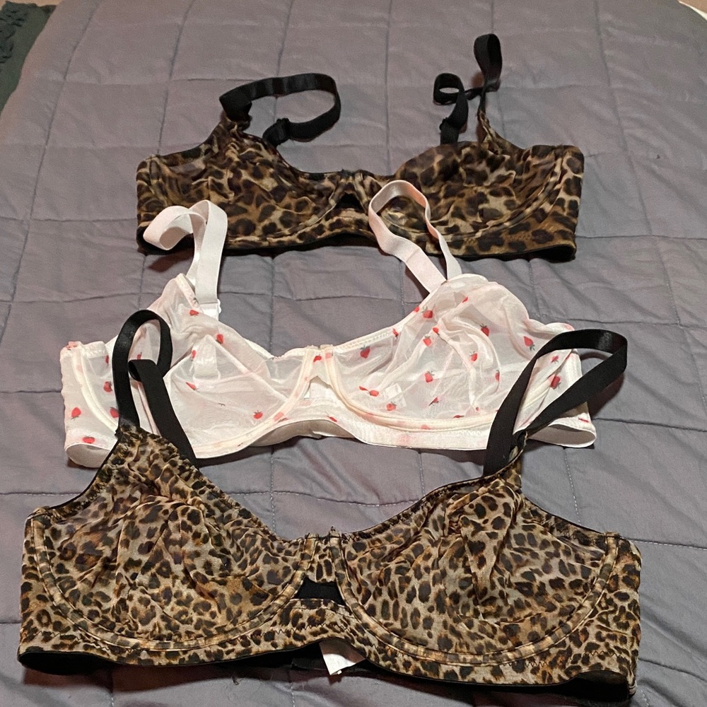Leopard and White strawberry Print Bras - Set of 3